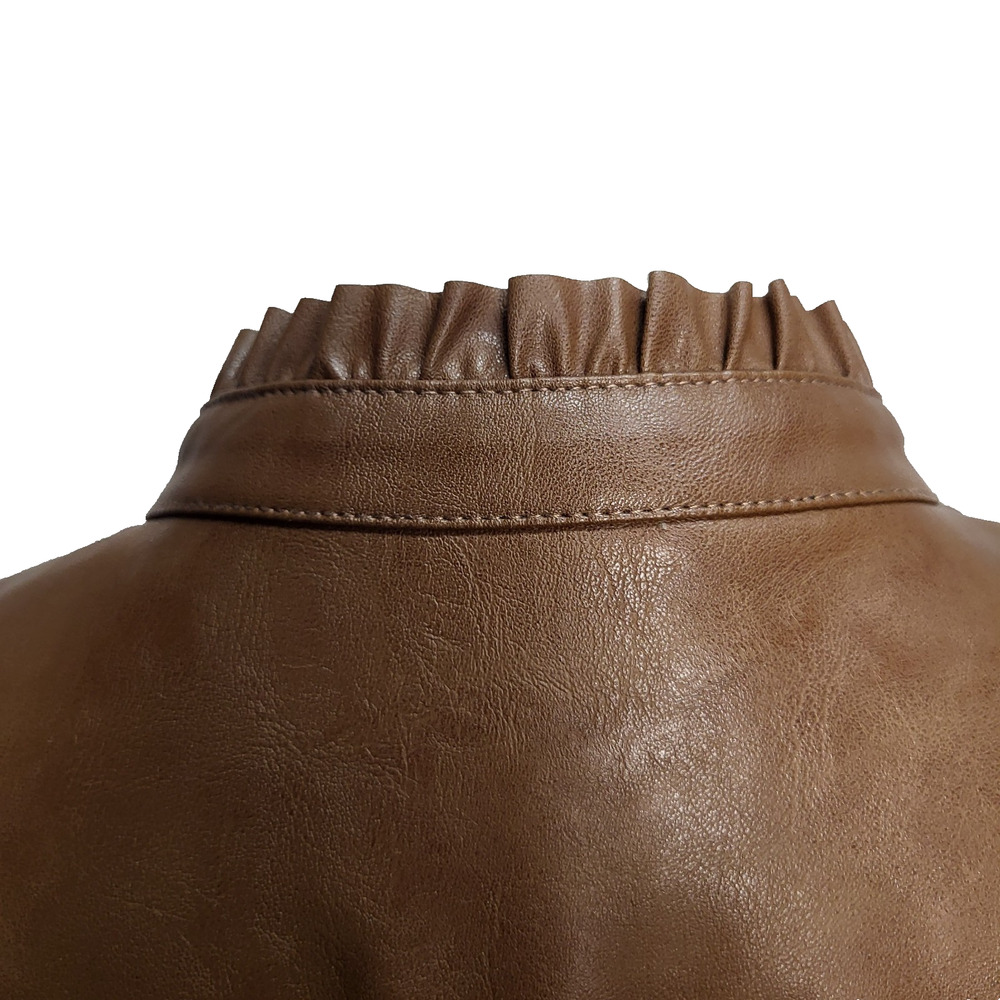Chico's Size 1 (Reg. Med.) Tan Faux Leather Jacket Full Zip Lined Side Pockets - Picture 7 of 16